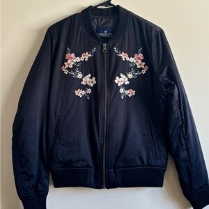 American Eagle Outfitters Black Floral Bomber Jacket